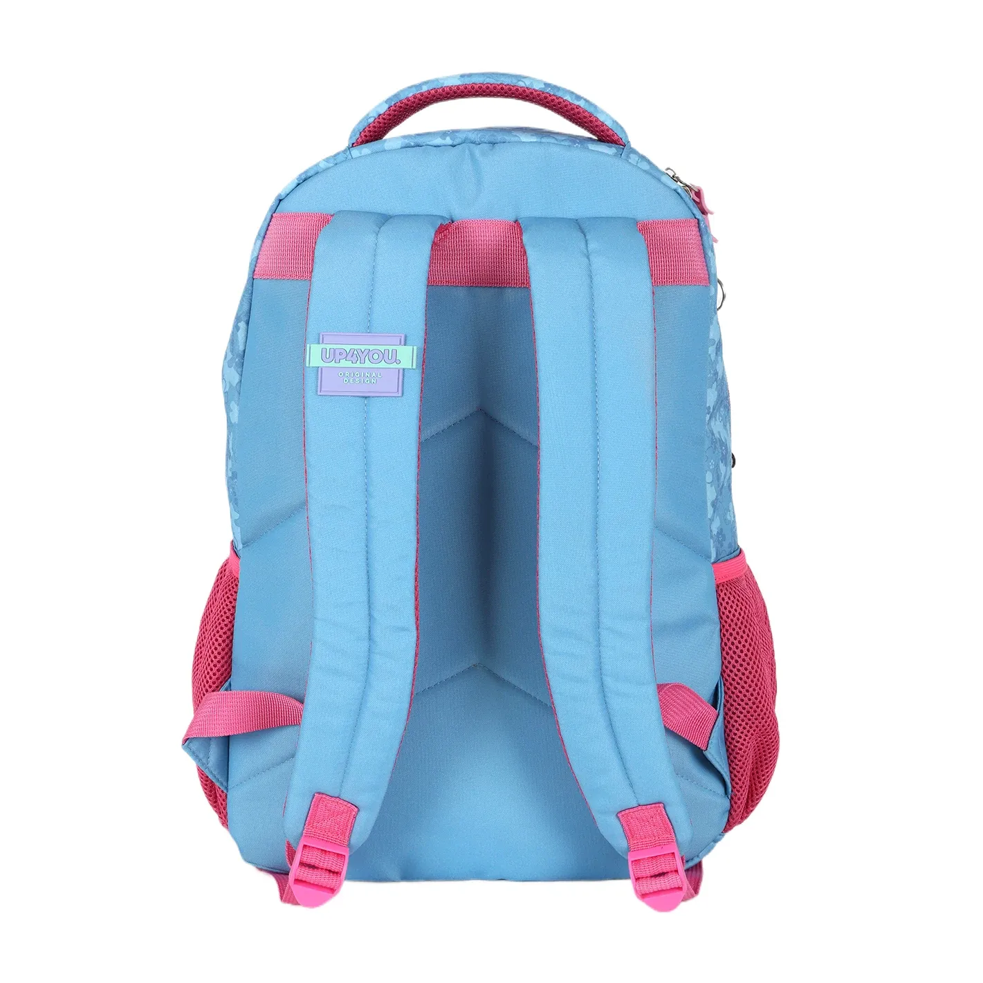 Vista traseira da mochila infantil Luxcel Stitch azul claro com alças acolchoadas ajustáveis